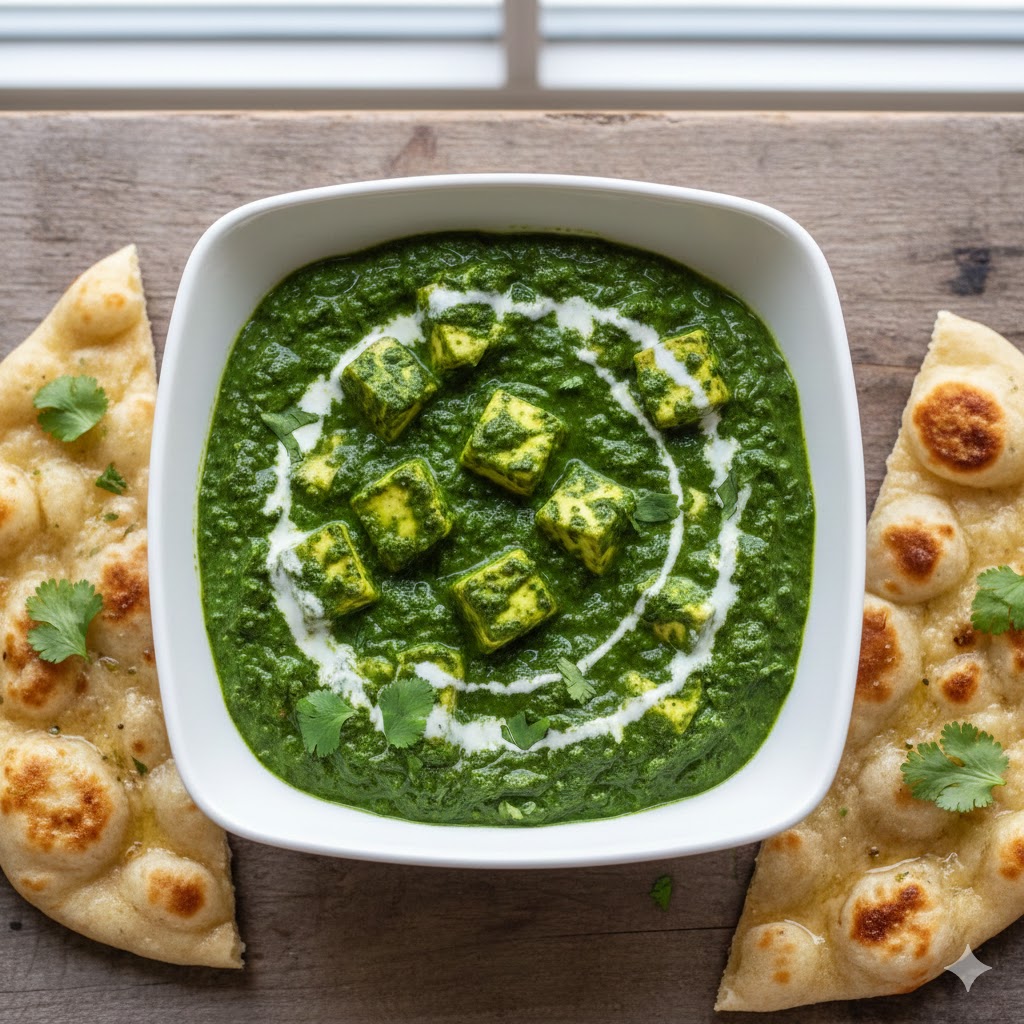 Vibrant green palak paneer with soft paneer cubes, cream drizzle, served with butter naan, bright and healthy.