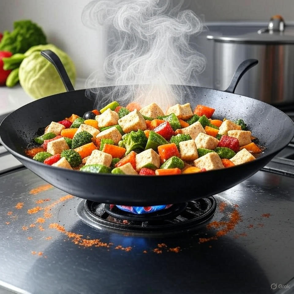 Quick vegetable stir-fry cooking in wok.