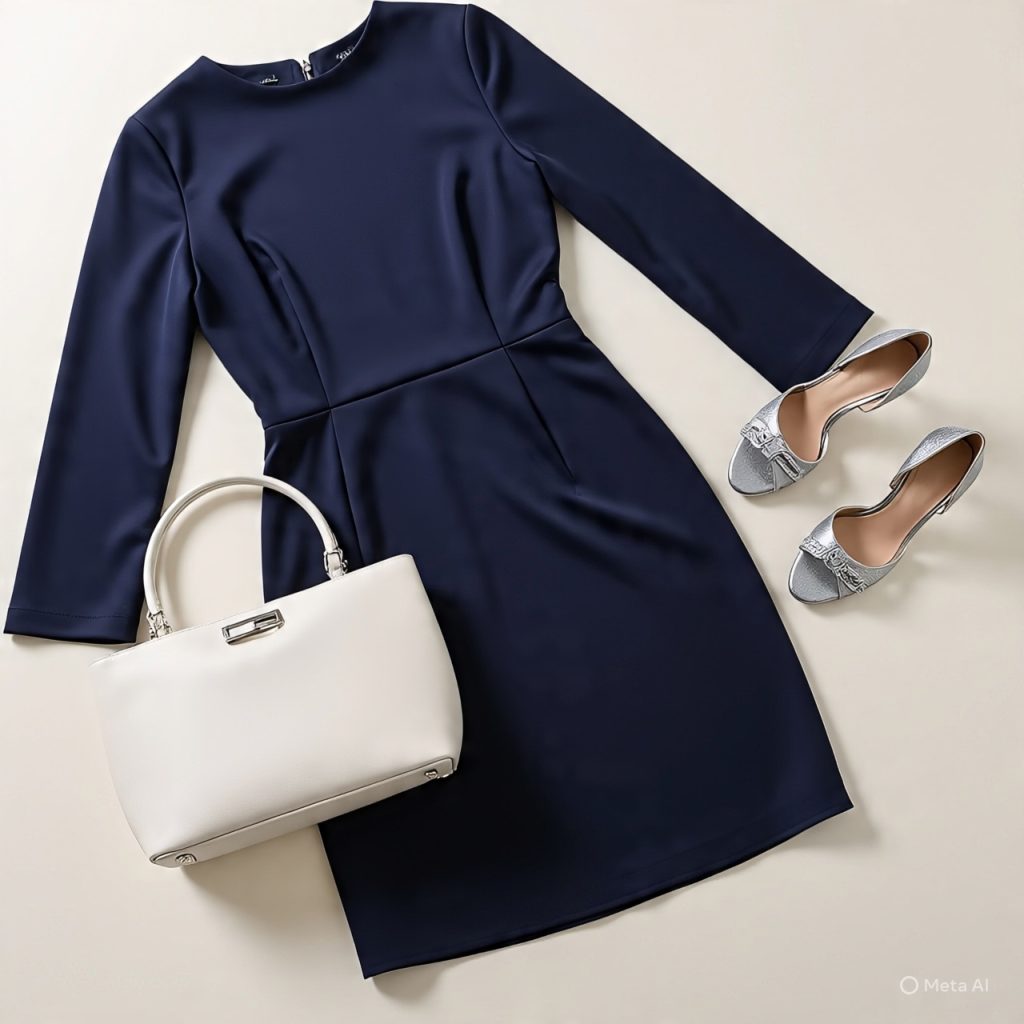 Navy outfit with white handbag and silver shoes.