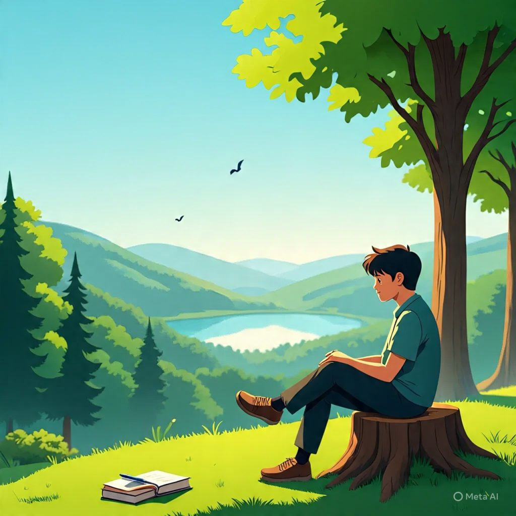 Calming nature illustration with trees and mountains,