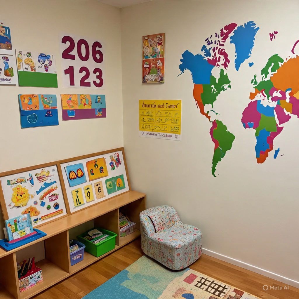 A study area decorated with educational charts, a learning board, and colorful posters.