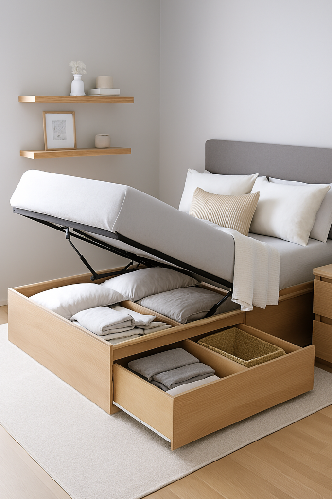 “Smart storage ideas in a clean and organized modern bedroom.