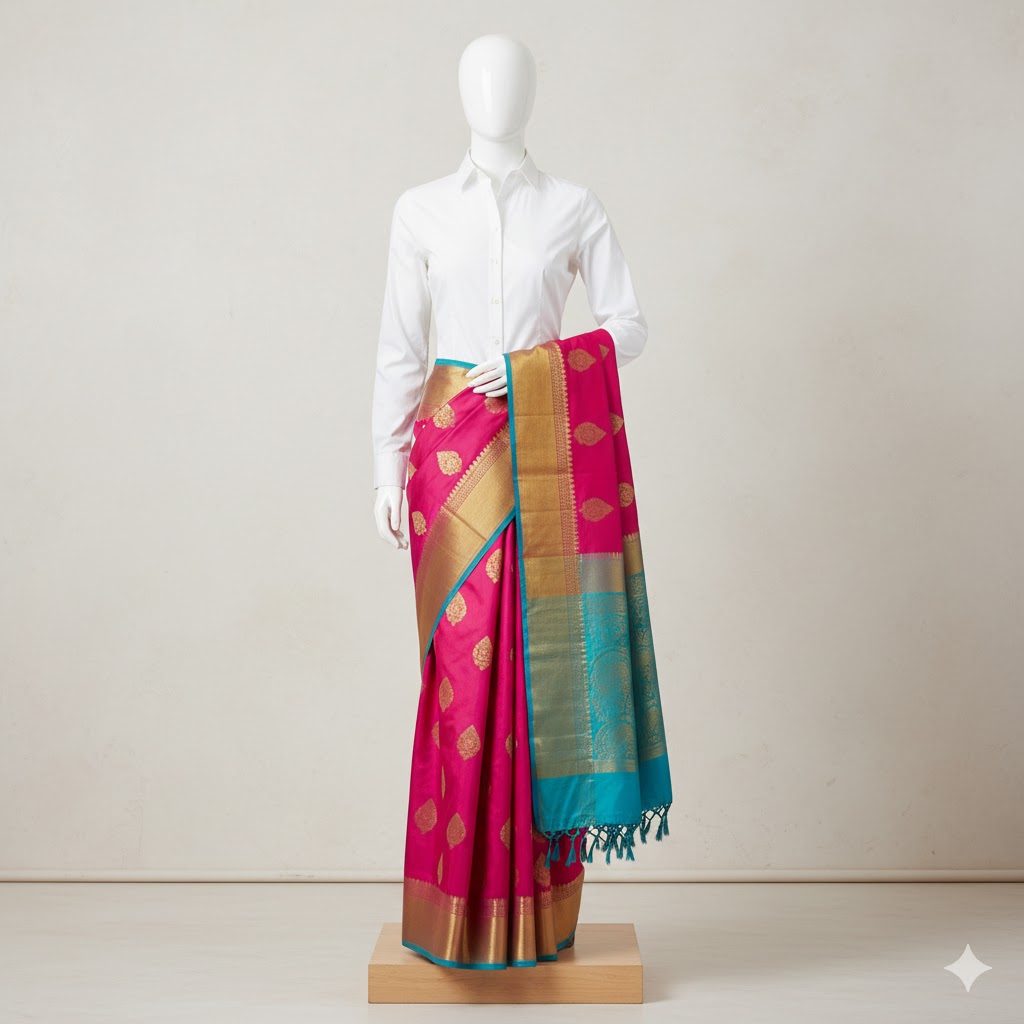 Contemporary saree styled with white shirt.
