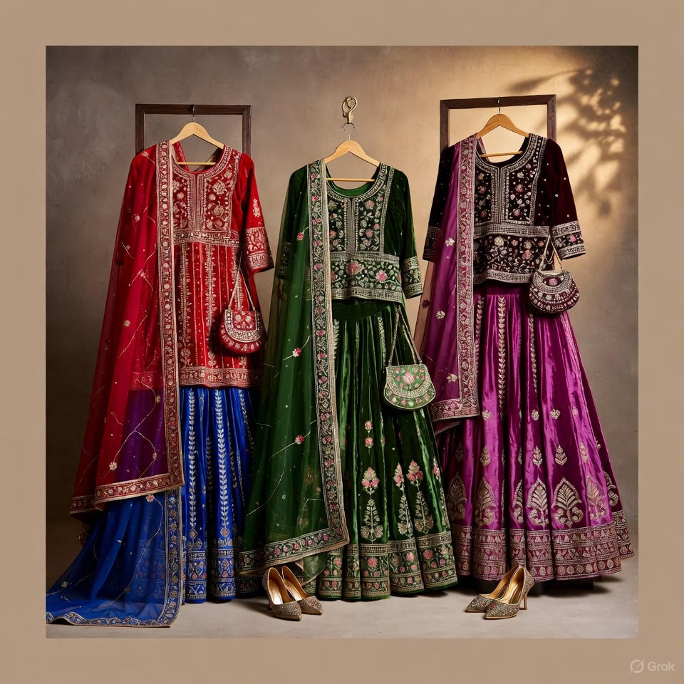 Velvet barat suits with gold accessories.