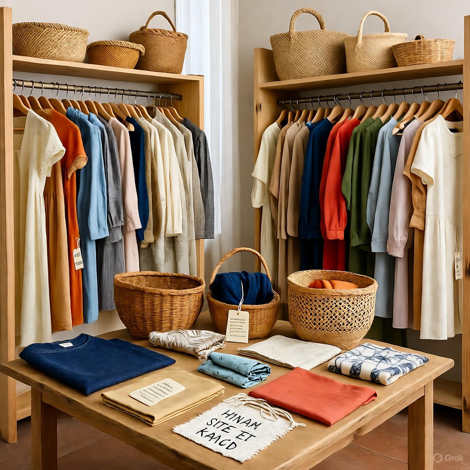 Artisanal fashion display promoting handcrafted brands.