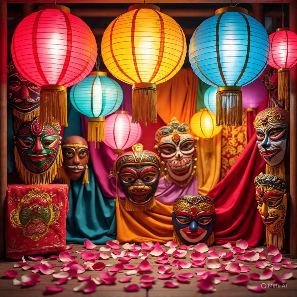 Cultural festival decorations in vibrant colors.