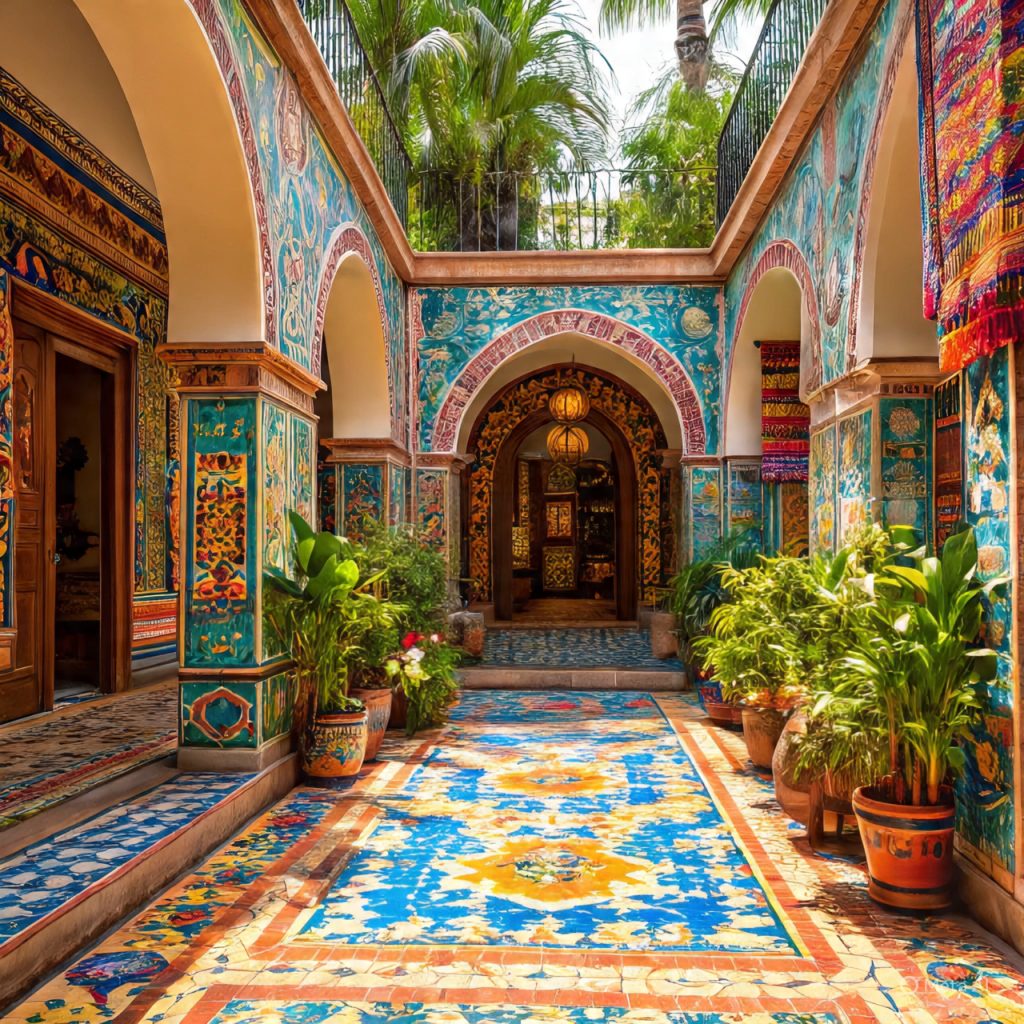 Vibrant Mexican boutique hotel courtyard.