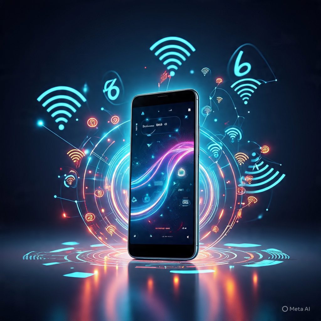 Smartphone with glowing 5G and 6G connectivity graphics.