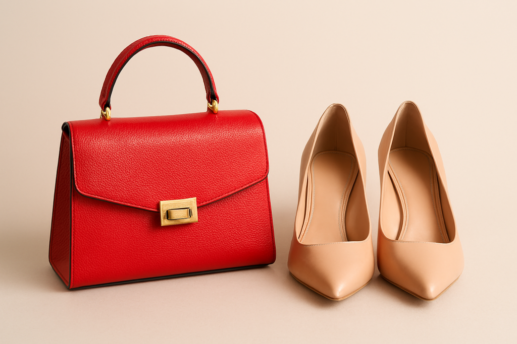 Red statement handbag paired with nude heels