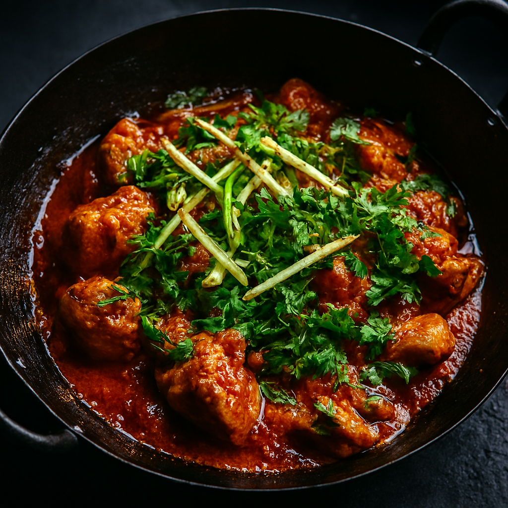 Sizzling Peshawari chicken karahi in iron wok, tomato-rich gravy, ginger, green chillies, heaps of coriander.