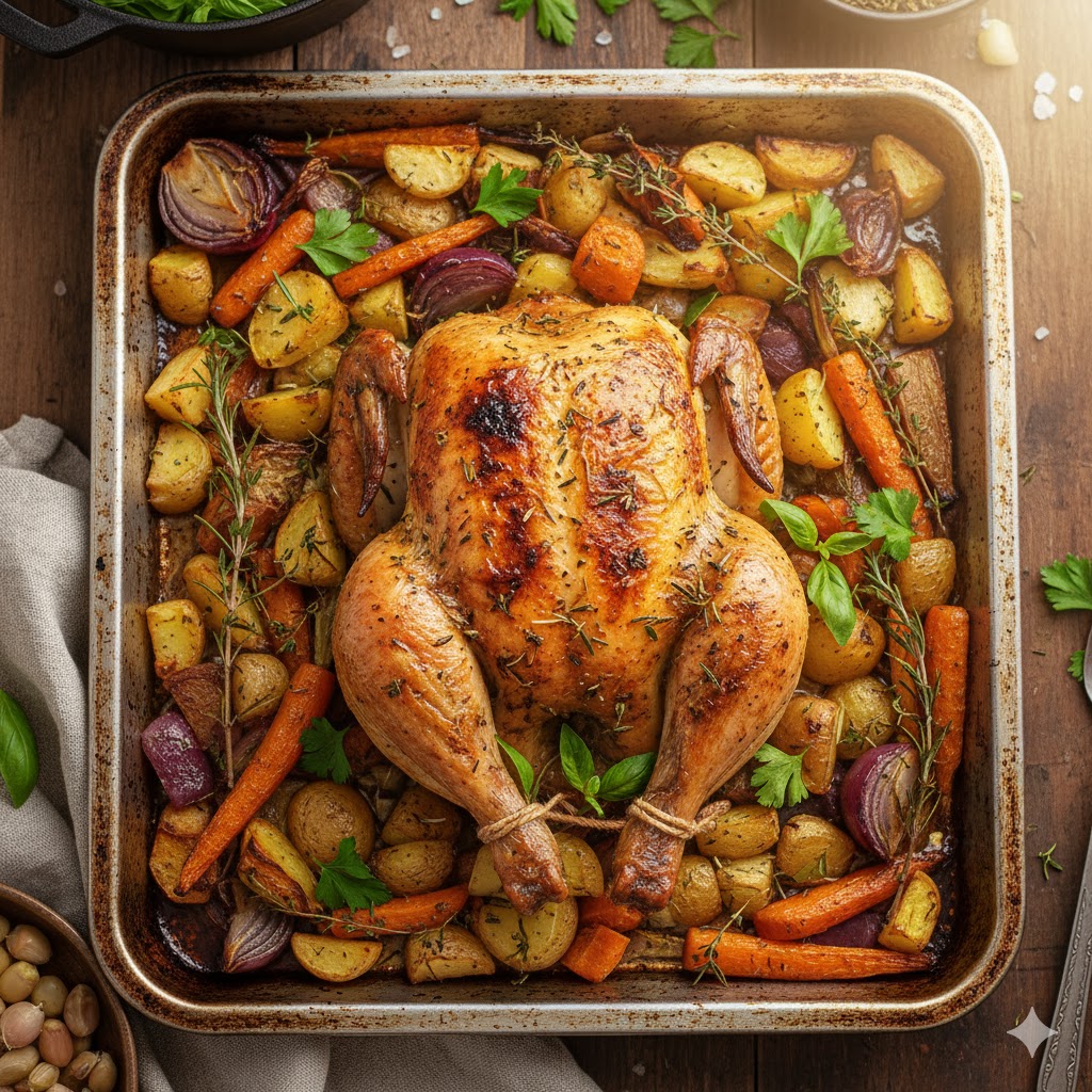 Sheet pan dinner of roasted chicken and vegetables.