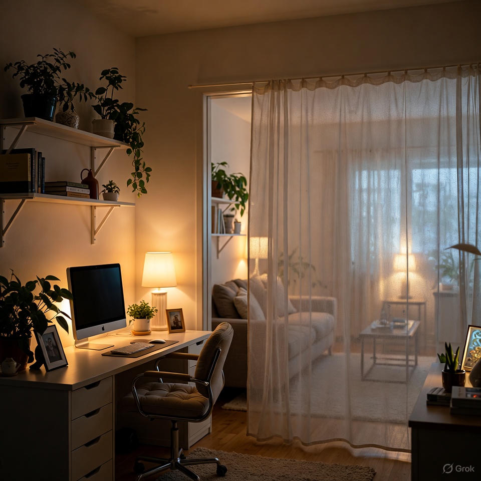 Balanced home environment with separated workspace.