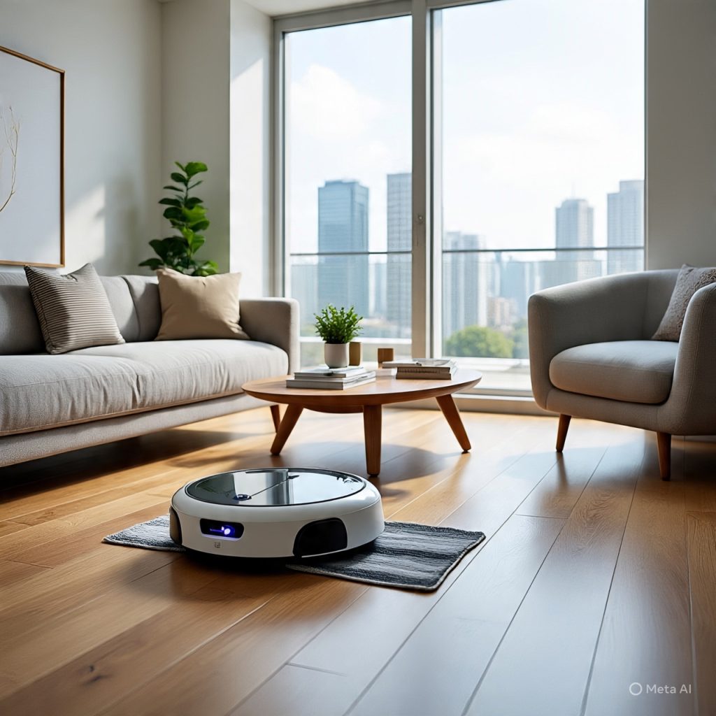 Robot vacuum cleaning tidy living room floor.