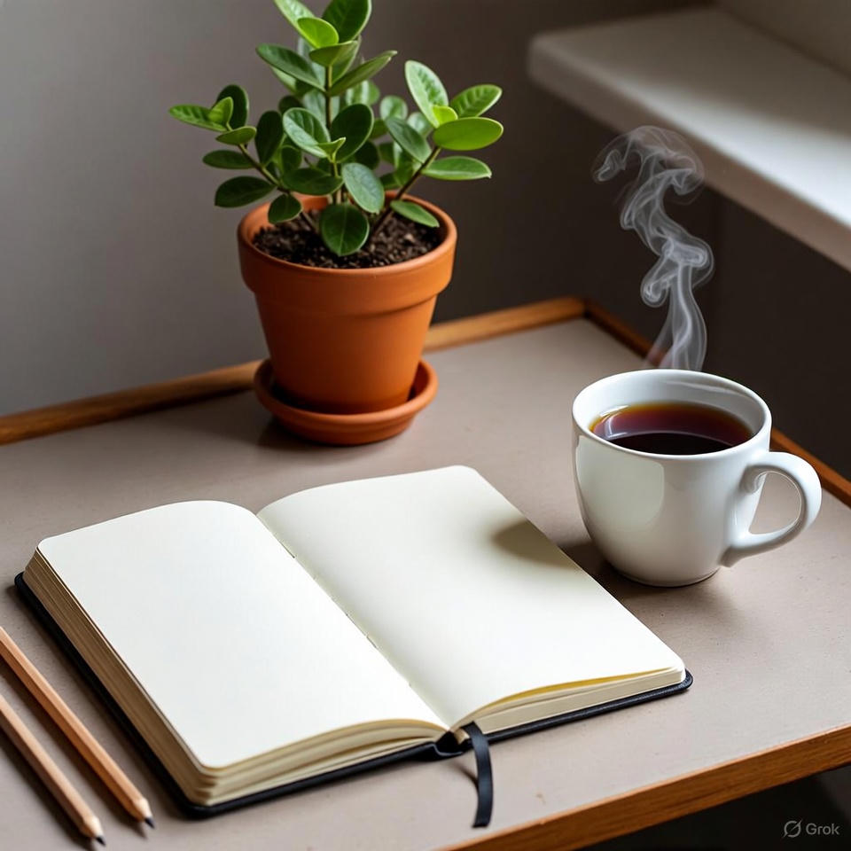 Minimal workspace with notebook and plant