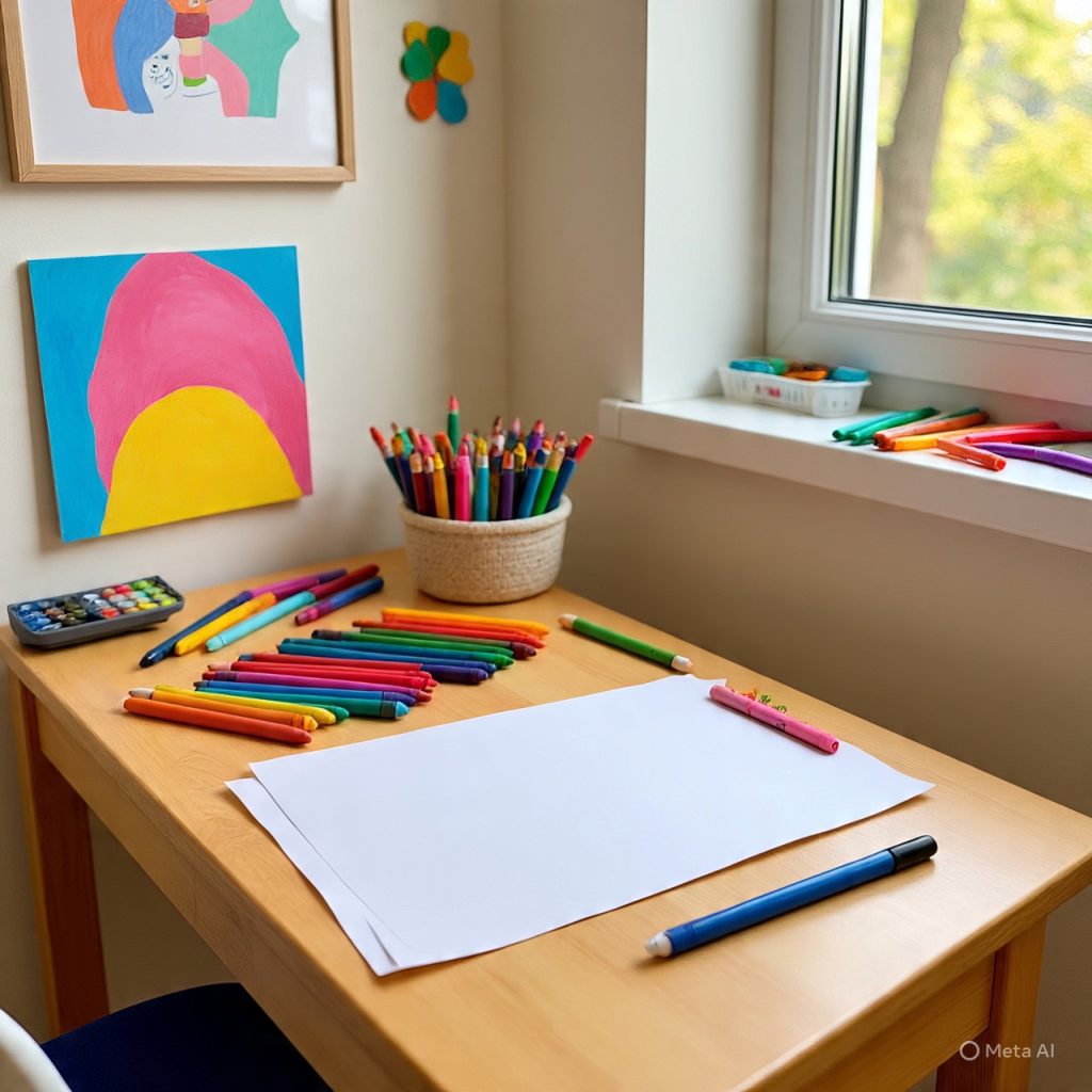An art corner with craft supplies neatly arranged on a small desk.