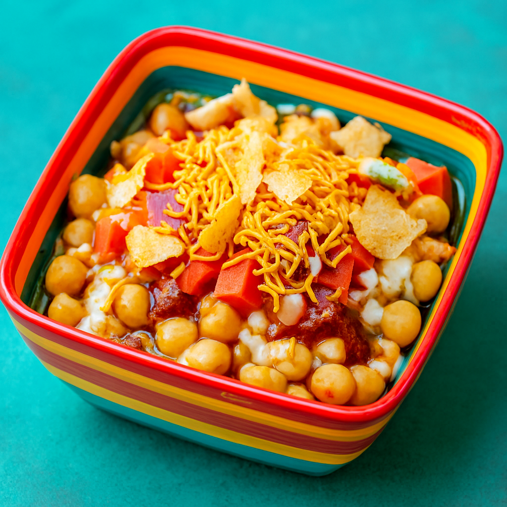Colorful Lahore-style chana chaat bowl: chickpeas, onion, tomato, tamarind chutney, yogurt, sev, and papri.
