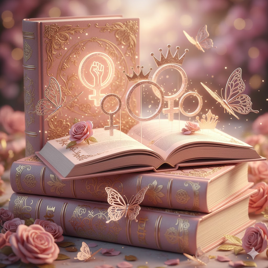 Books with decorative elements symbolizing girls' education.”