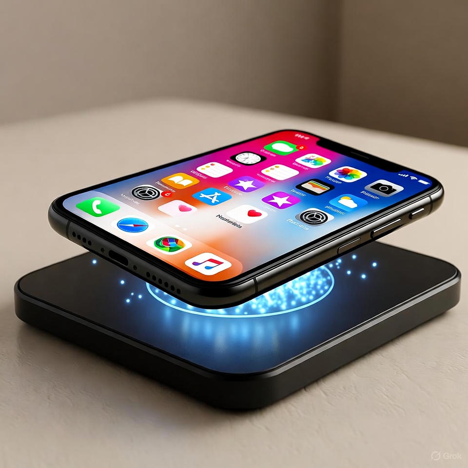 Smartphone on wireless charger with glowing energy effect.