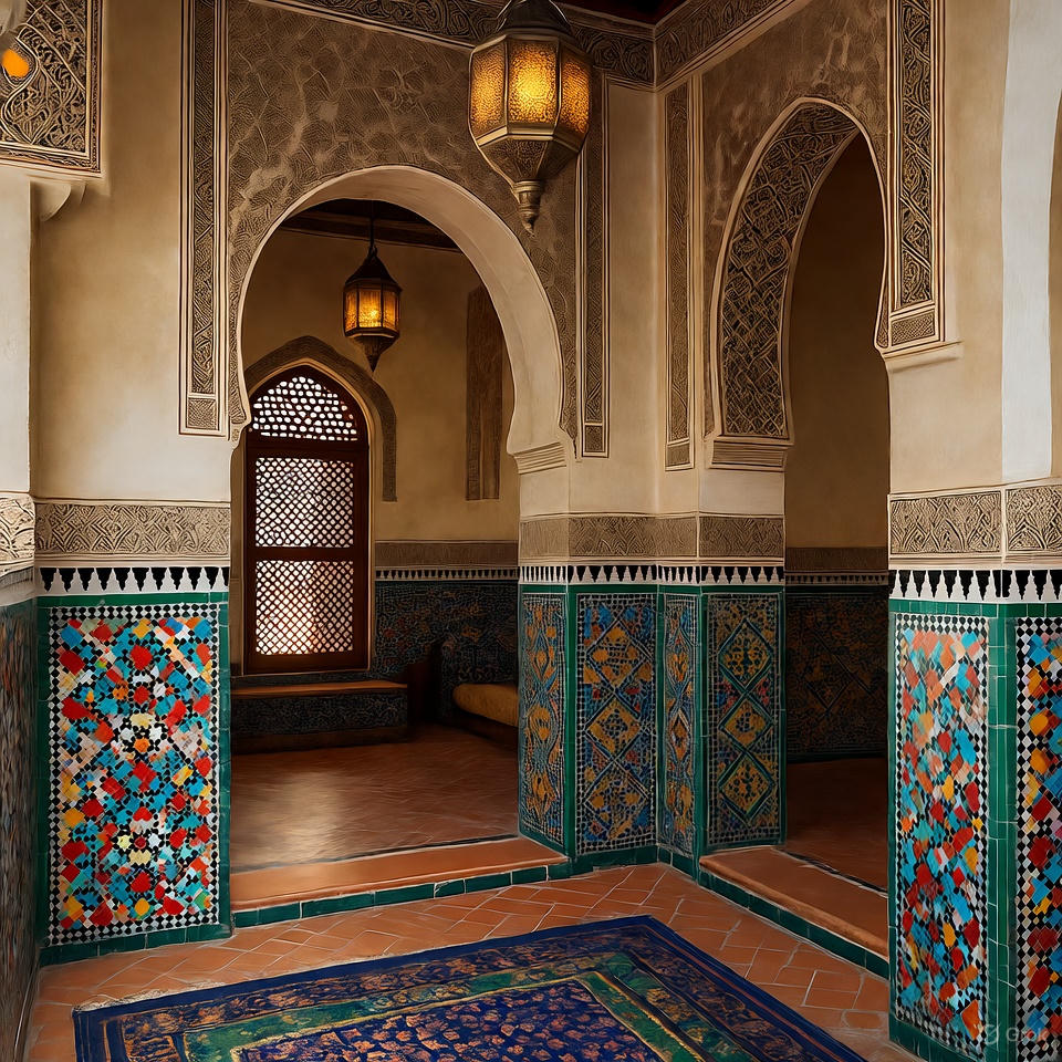 Traditional Moroccan riad with intricate mosaic design.