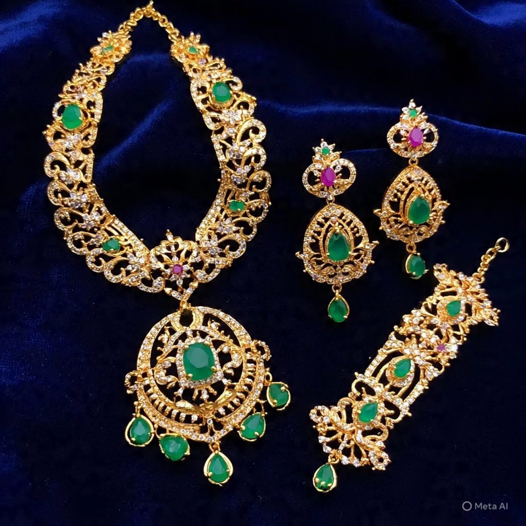 Ornate Arabic gold jewelry set with gemstones and fine detailing.