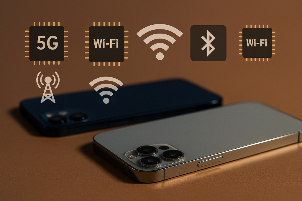 Connectivity chips with 5G and Wi-Fi symbols.