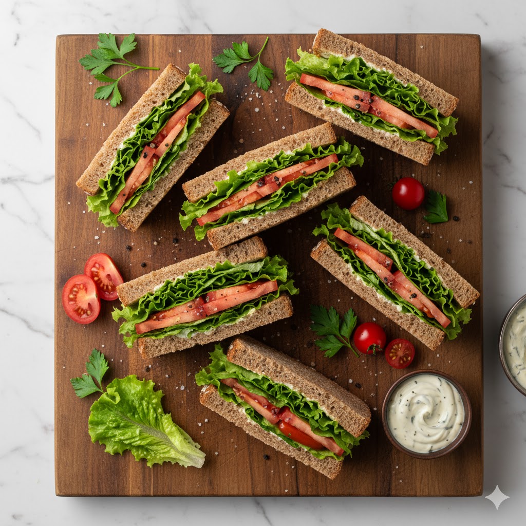 Healthy sandwiches with fresh ingredients on cutting board