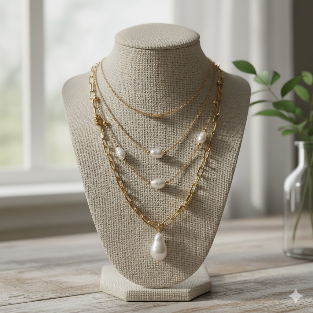 Layered necklaces creating a luxurious, textured look.