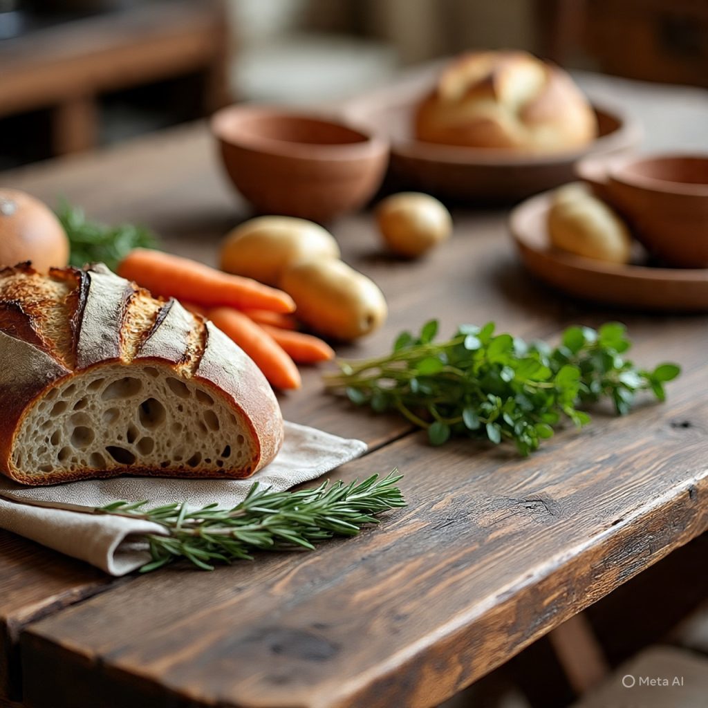 Medieval-style simple food spread.