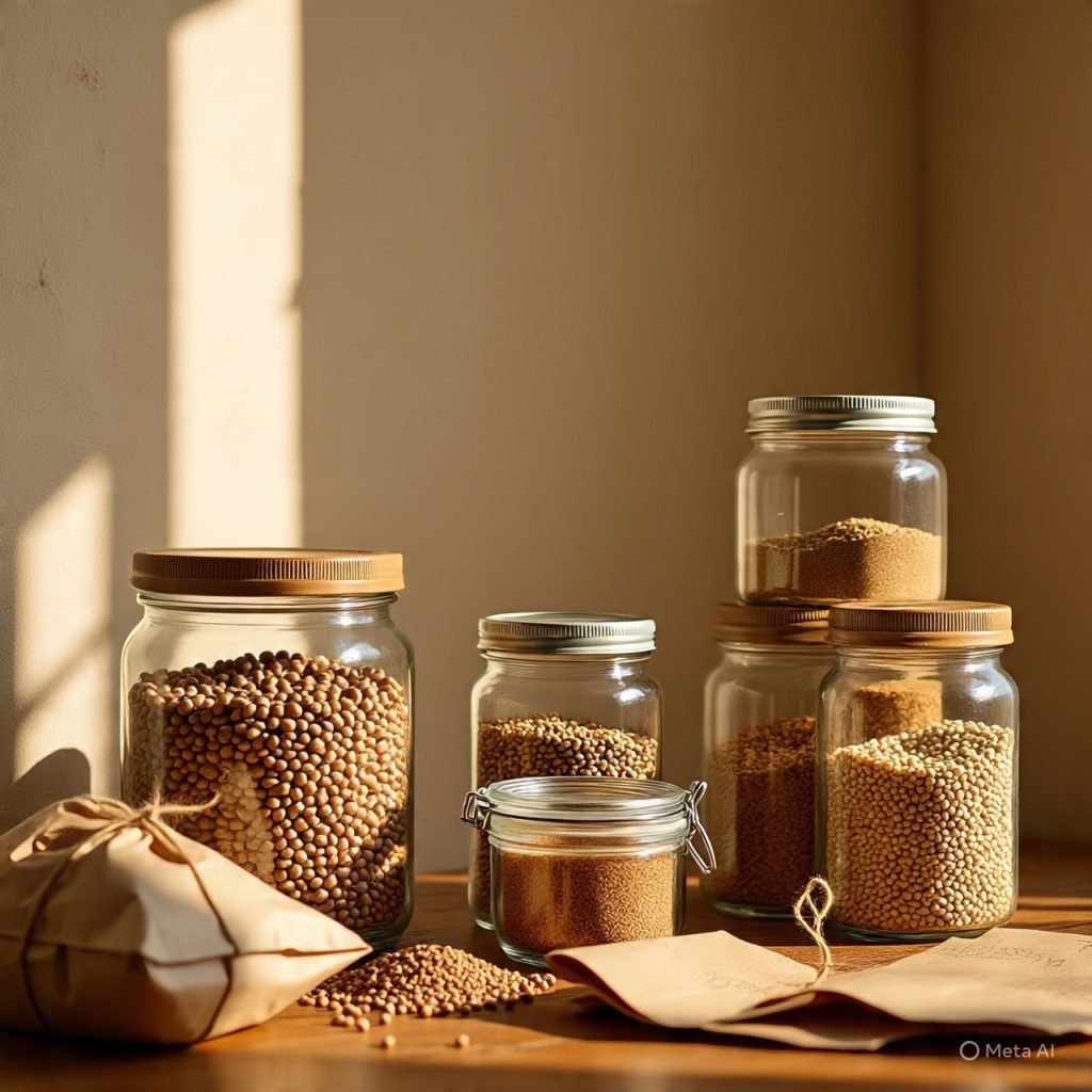 Sustainable food storage jars neatly placed