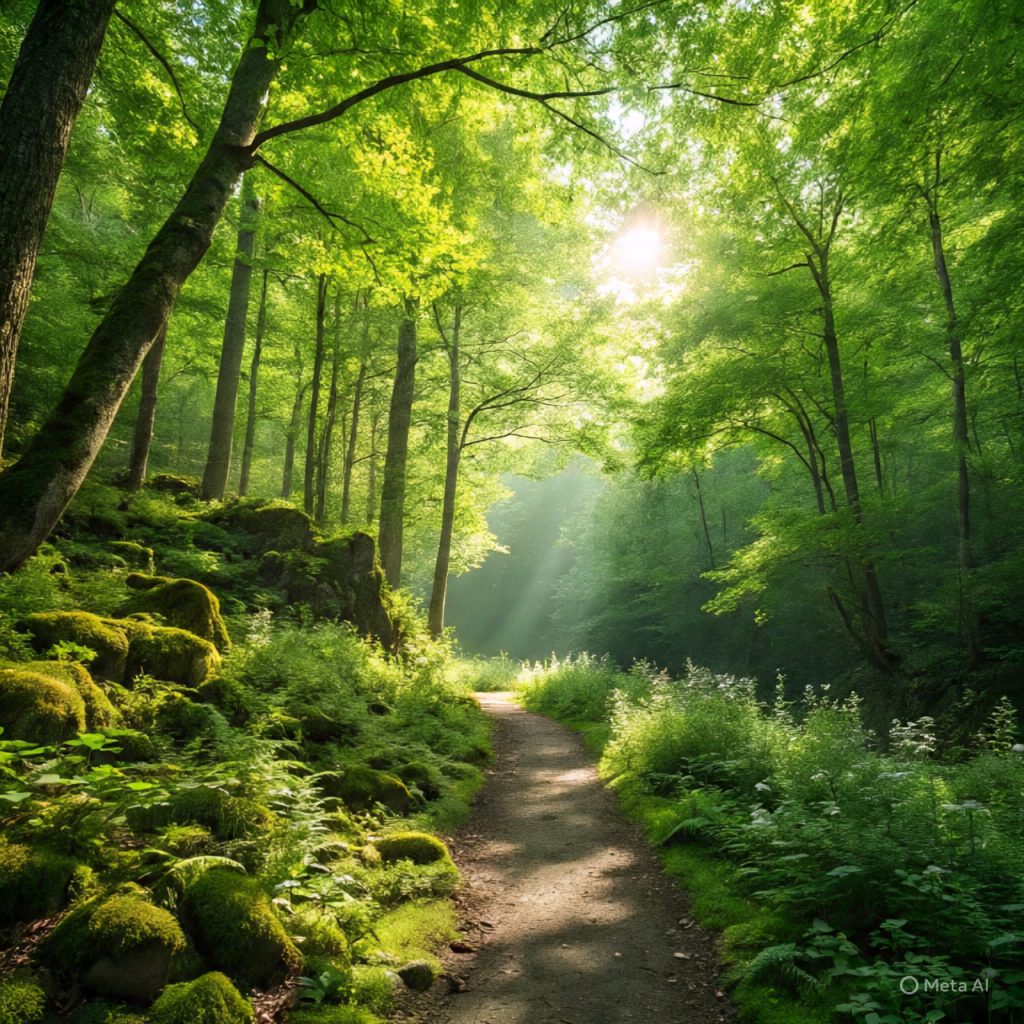 Peaceful forest hiking trail.