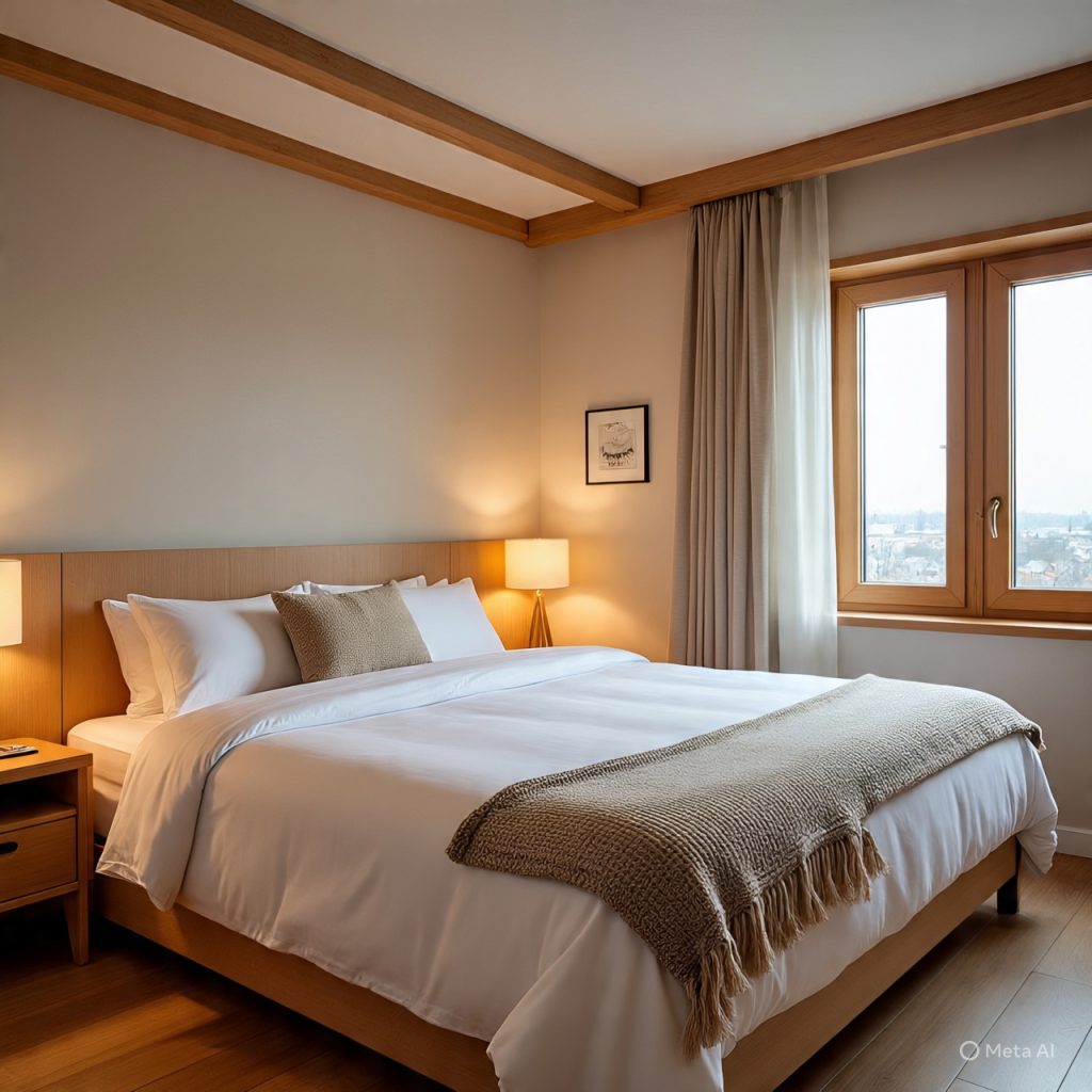 Scandinavian boutique hotel room with minimal décor.