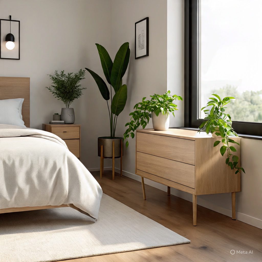 “Indoor plants adding natural freshness to a modern bedroom.”