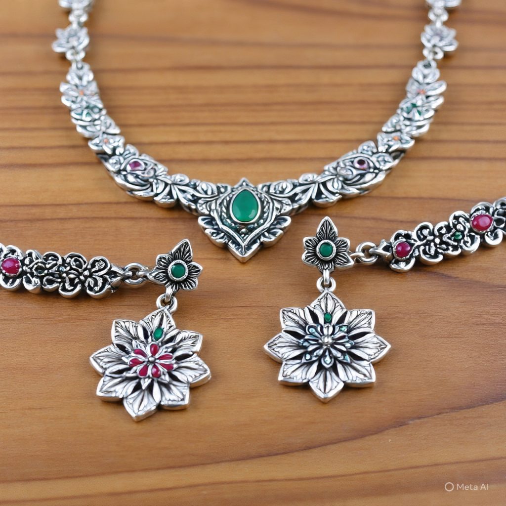 Traditional Thai silver jewelry with intricate hand engraving.