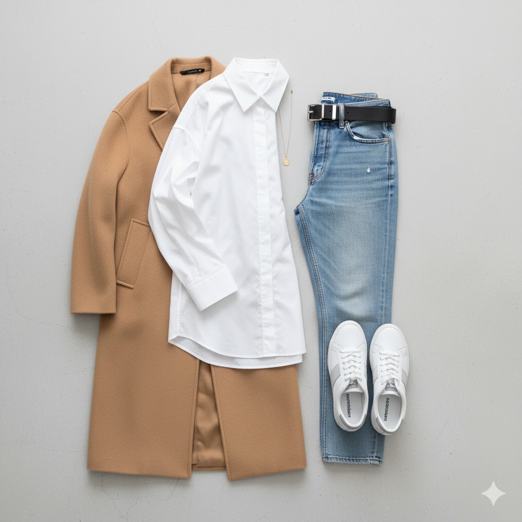 Basic wardrobe essentials flat-lay, no people.