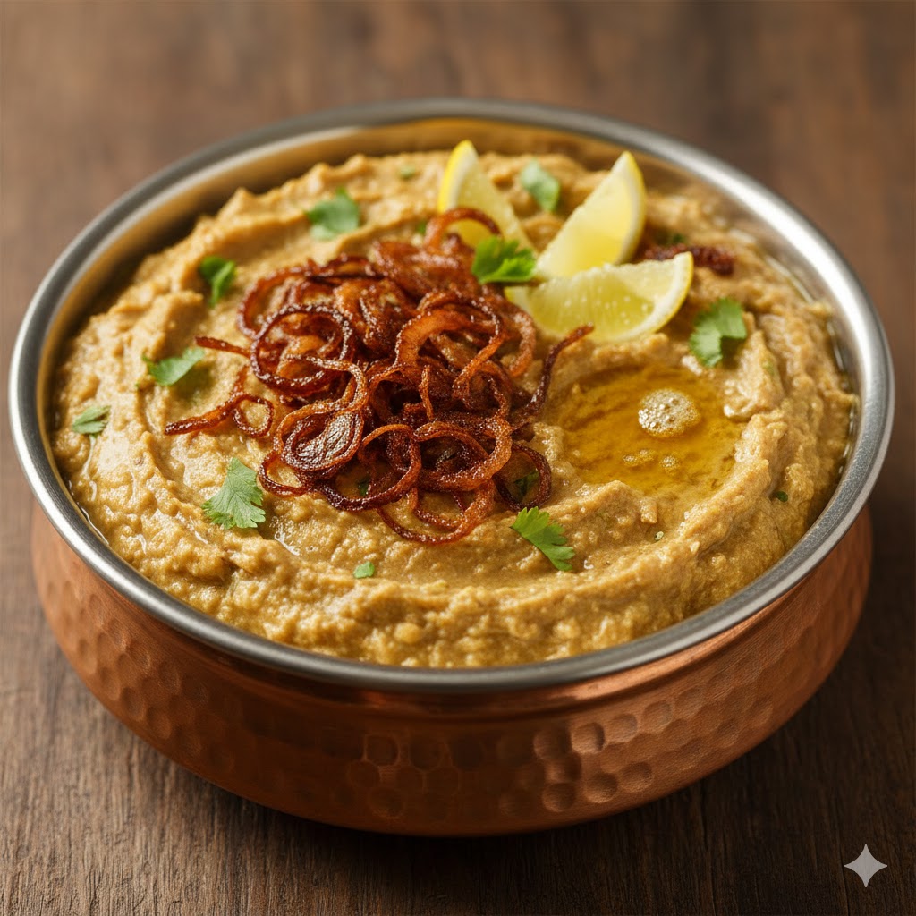 Creamy Hyderabadi haleem in copper bowl, topped with fried onions, lemon, coriander, and glistening ghee.