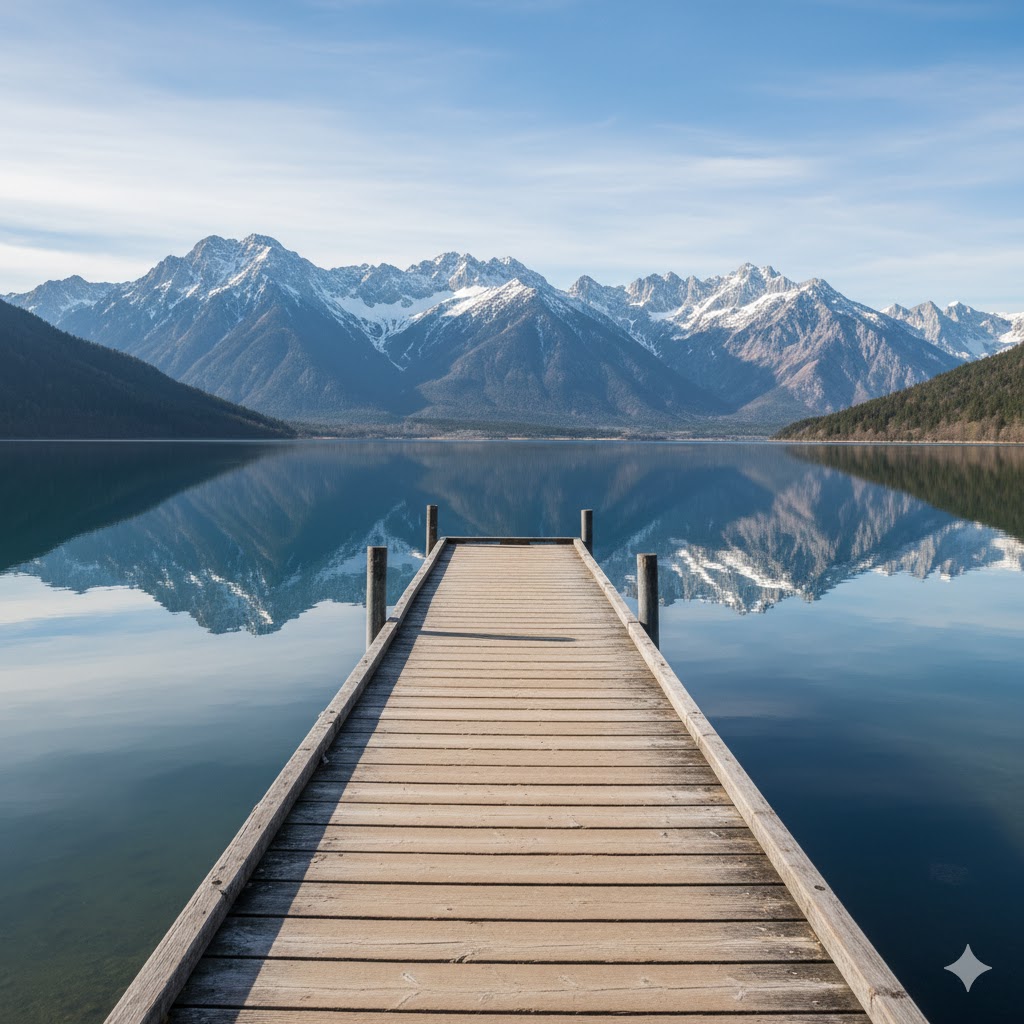 Quiet lakeside dock with mountain view.