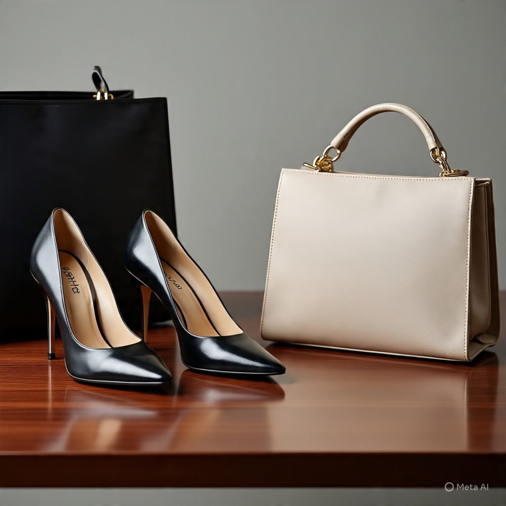 Black office heels with beige and black handbags.