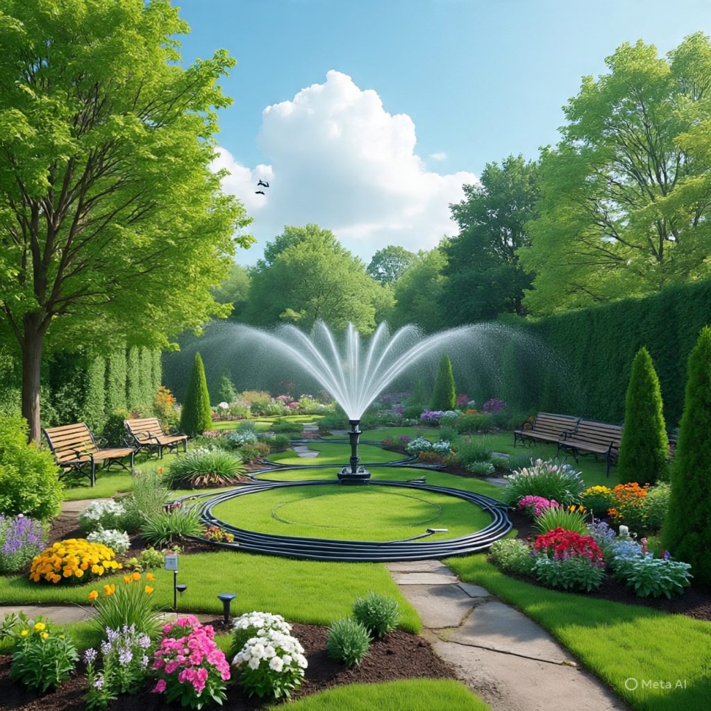 Garden with smart irrigation and moisture sensors.