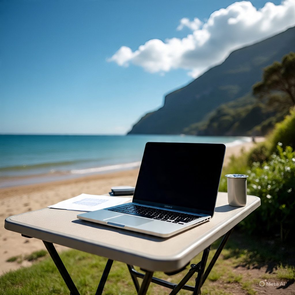 Digital nomad work setup in scenic outdoor environment.