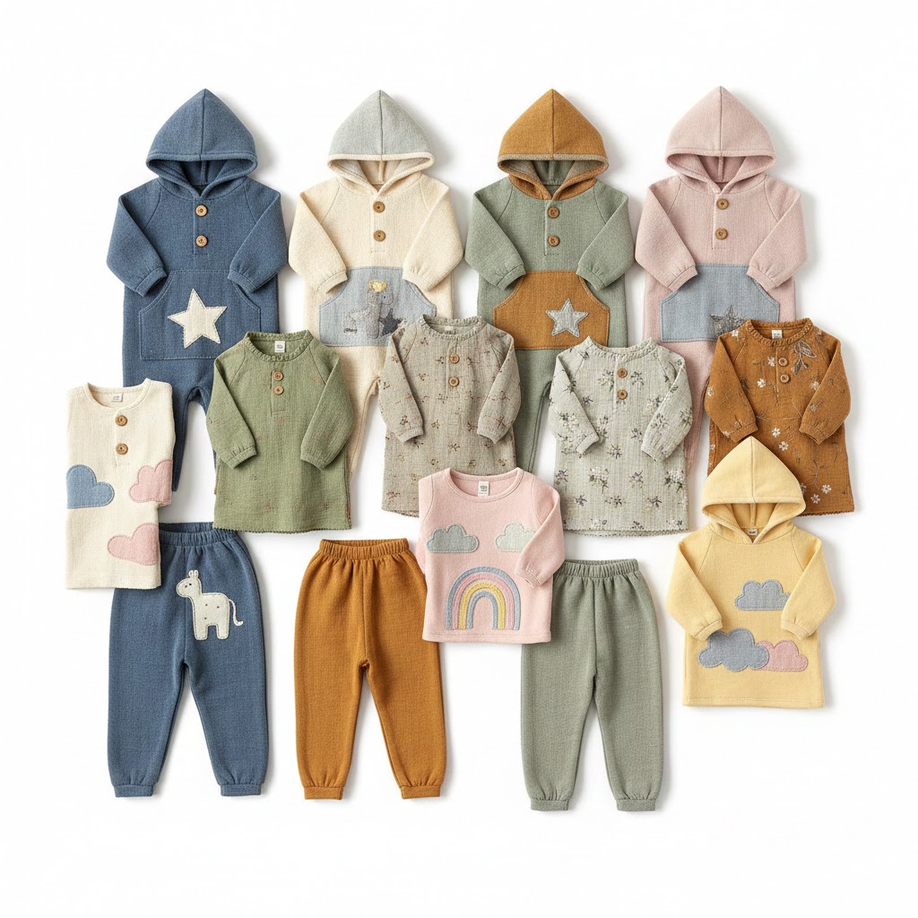 Various kids’ stitched full suits showing neat stitching and structure.