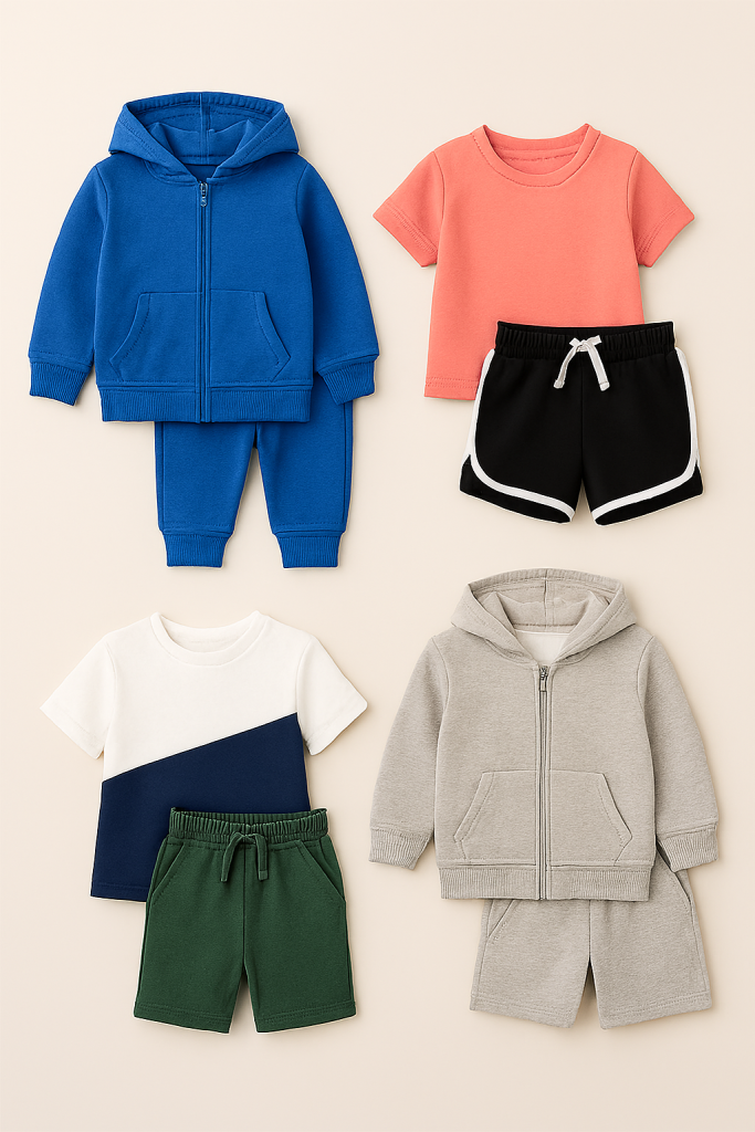 Kids’ stitched sports and activewear suits.