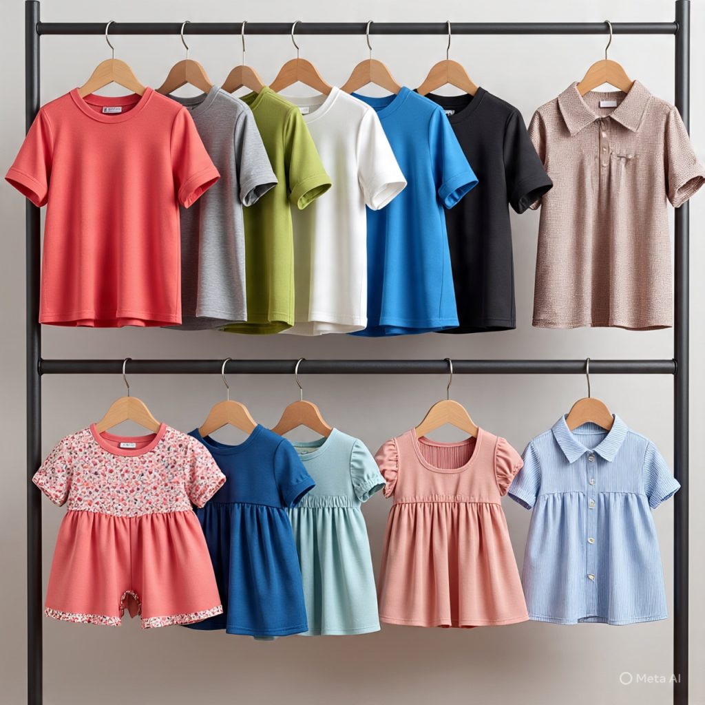 A variety of kids’ stitched outfits for choosing the best style and fit.