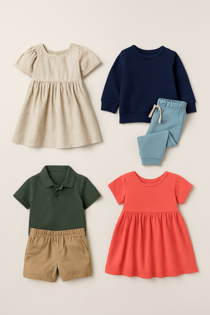 Kids’ stitched outfits in high-quality seasonal fabrics.