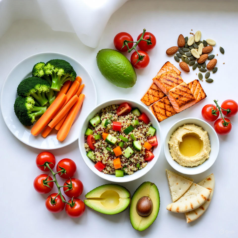 Clean balanced nutrition meal on table representing healthy living strategies