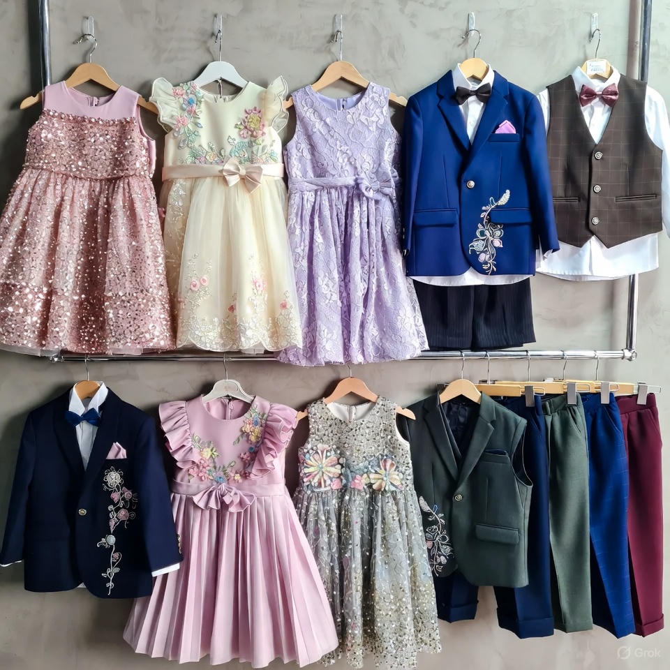 Kids’ stitched party wear outfits in stylish designs.