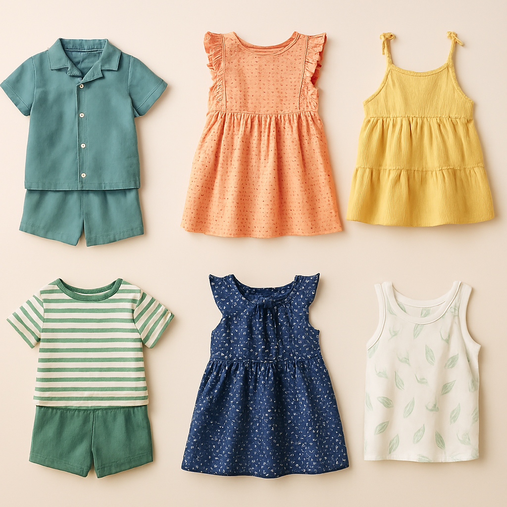 Kids’ stitched summer outfits in breathable cotton fabric.