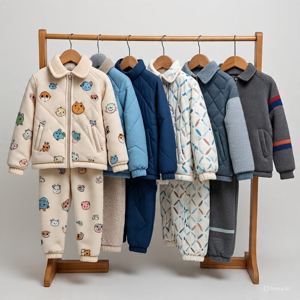 Kids’ full winter stitched suits made from fleece and quilted materials.