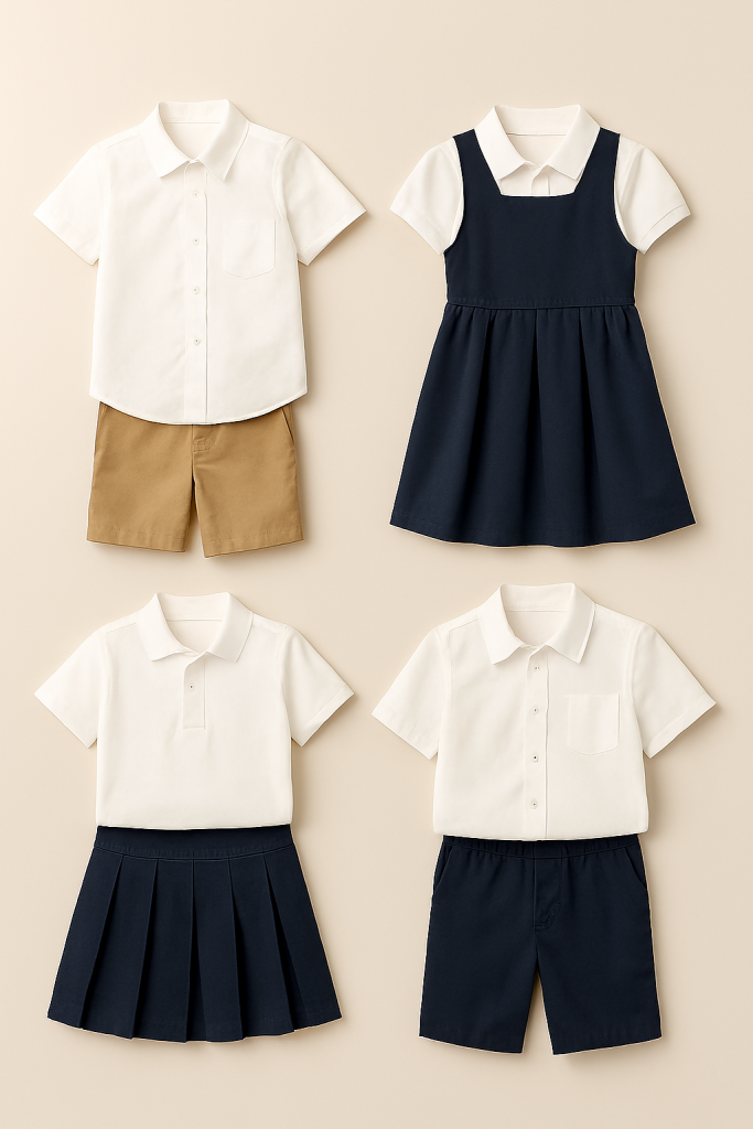 Kids’ stitched school uniform sets.
