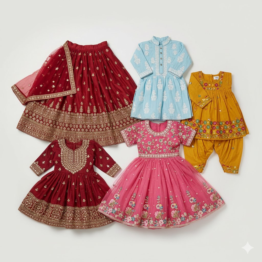 Kids’ full traditional stitched outfits in cultural designs.