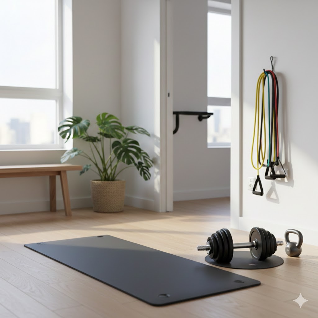 "Simple home strength training setup demonstrating health transformation habits for a stronger body and sharper mind